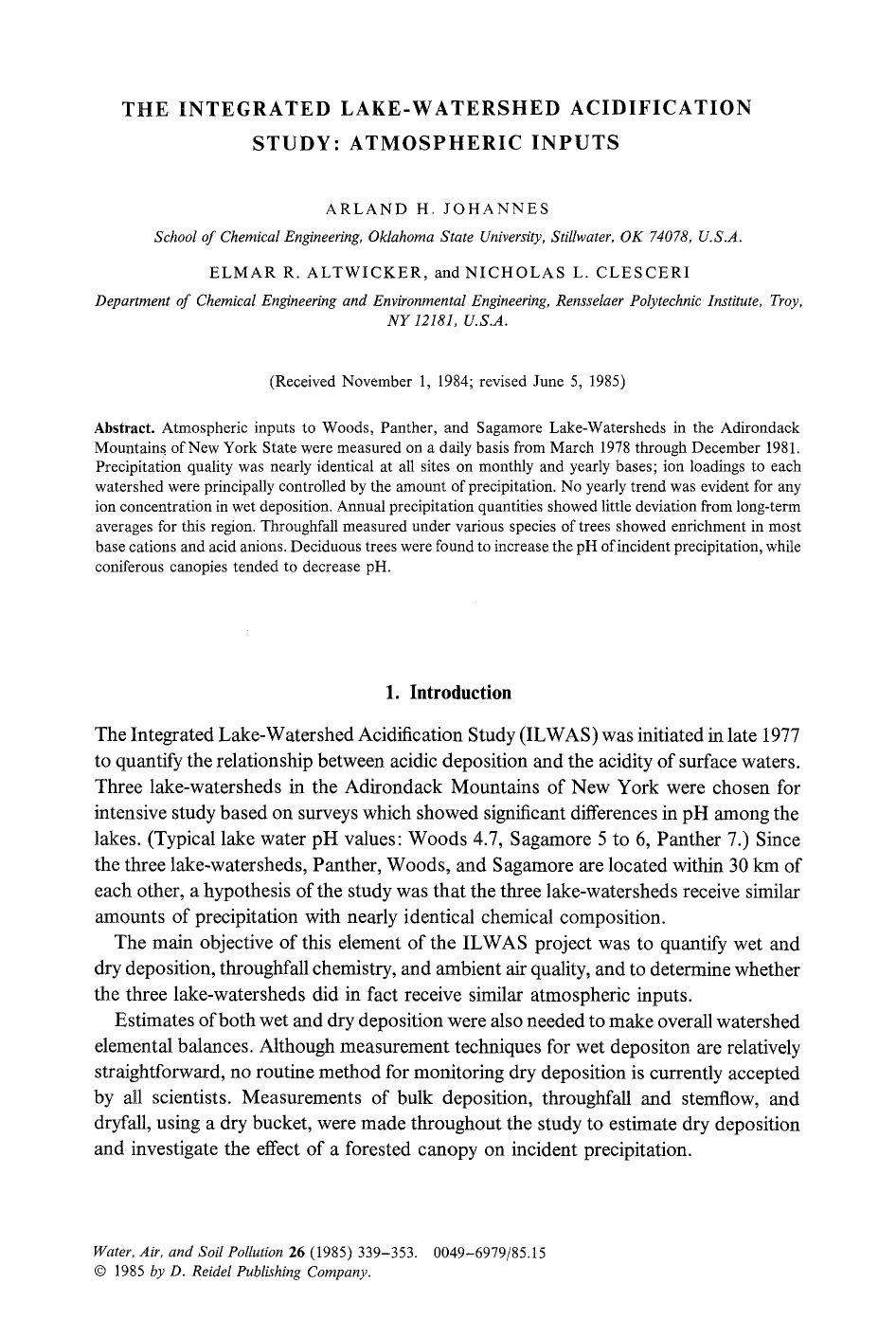 The integrated lake-watershed acidification study: Atmospheric inputs by Unknown