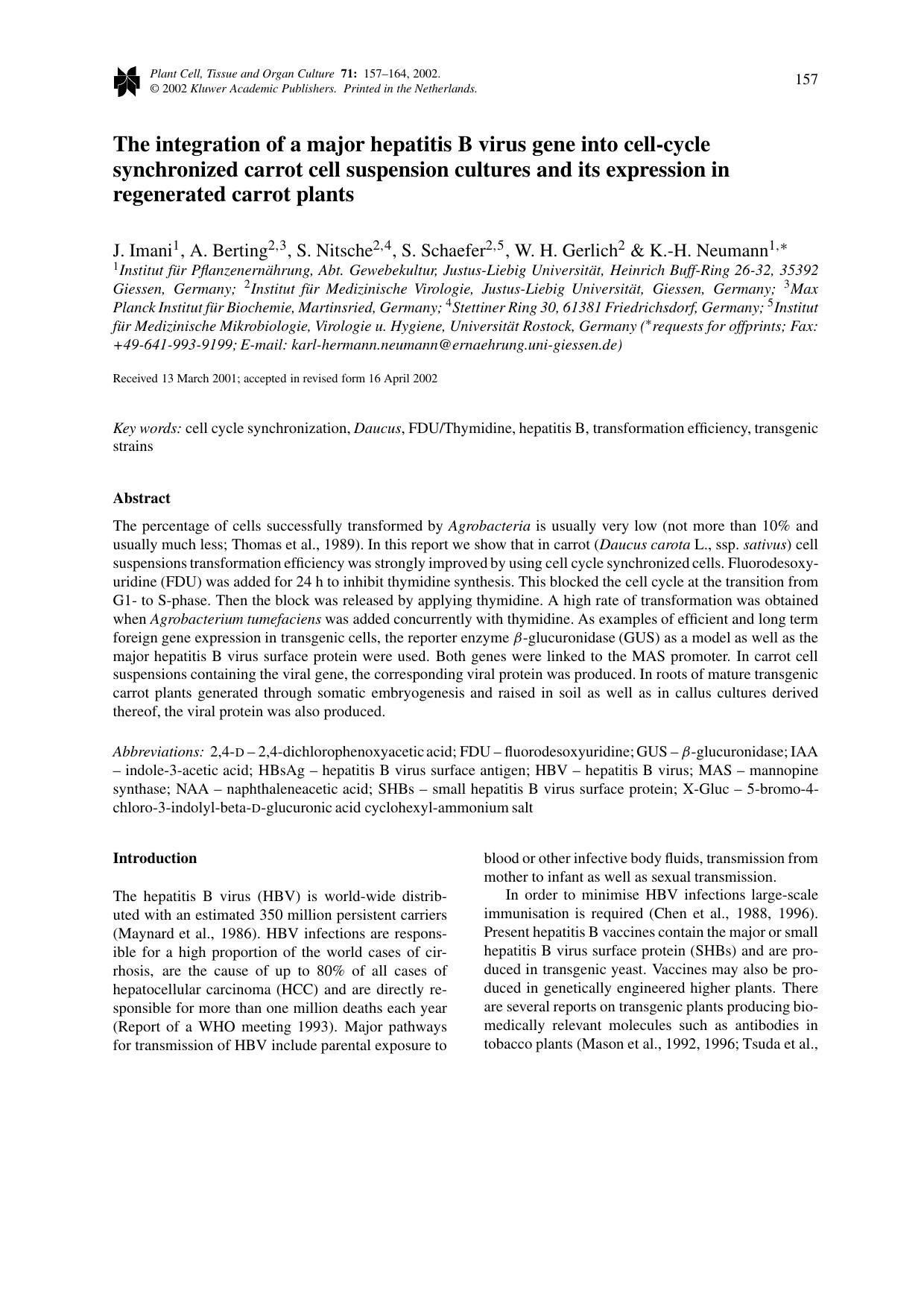 The integration of a major hepatitis B virus gene into cell-cycle synchronized carrot cell suspension cultures and its expression in regenerated carrot plants by Unknown