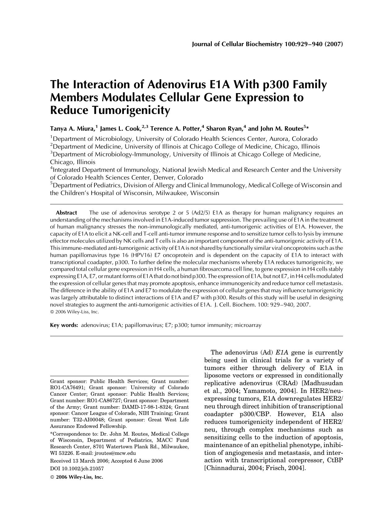 The interaction of adenovirus E1A with p300 family members modulates cellular gene expression to reduce tumorigenicity by Unknown