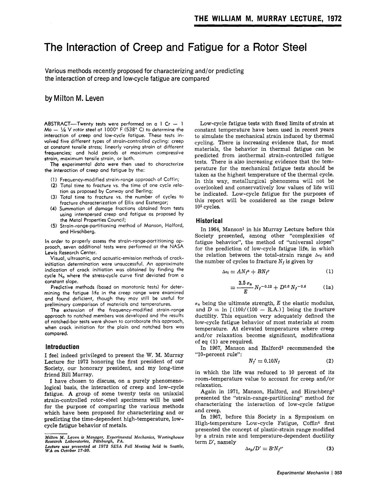 The interaction of creep and fatigue for a rotor steel by Unknown