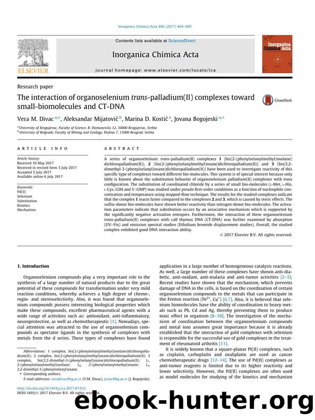 The interaction of organoselenium trans-palladium(II) complexes toward small-biomolecules and CT-DNA by Vera M. Divac & Aleksandar Mijatović & Marina D. Kostić & Jovana Bogojeski