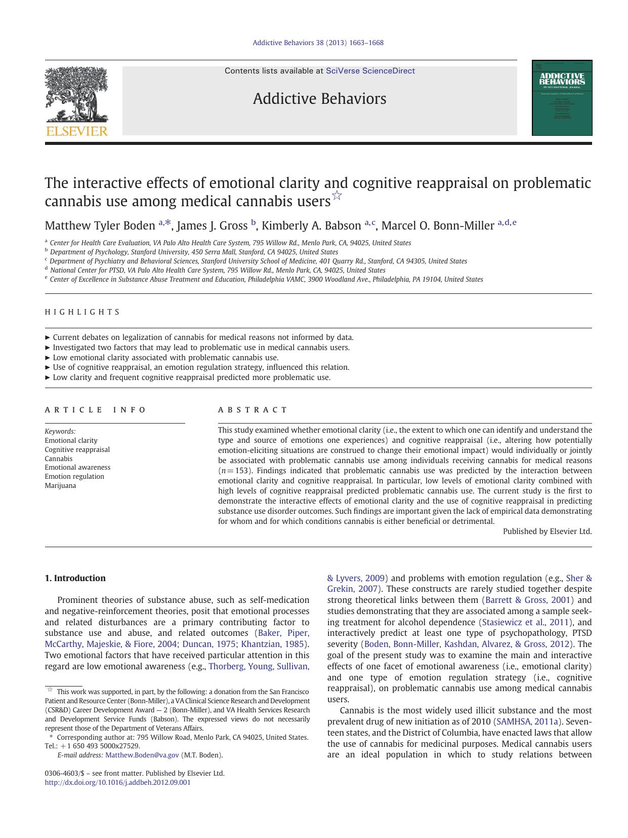 The interactive effects of emotional clarity and cognitive reappraisal on problematic cannabis use among medical cannabis users by Matthew Tyler Boden & James J. Gross & Kimberly A. Babson & Marcel O. Bonn-Miller