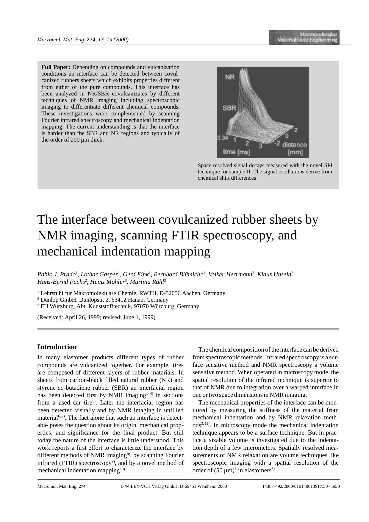 The interface between covulcanized rubber sheets by NMR imaging, scanning FTIR spectroscopy, and mechanical indentation mapping by Unknown