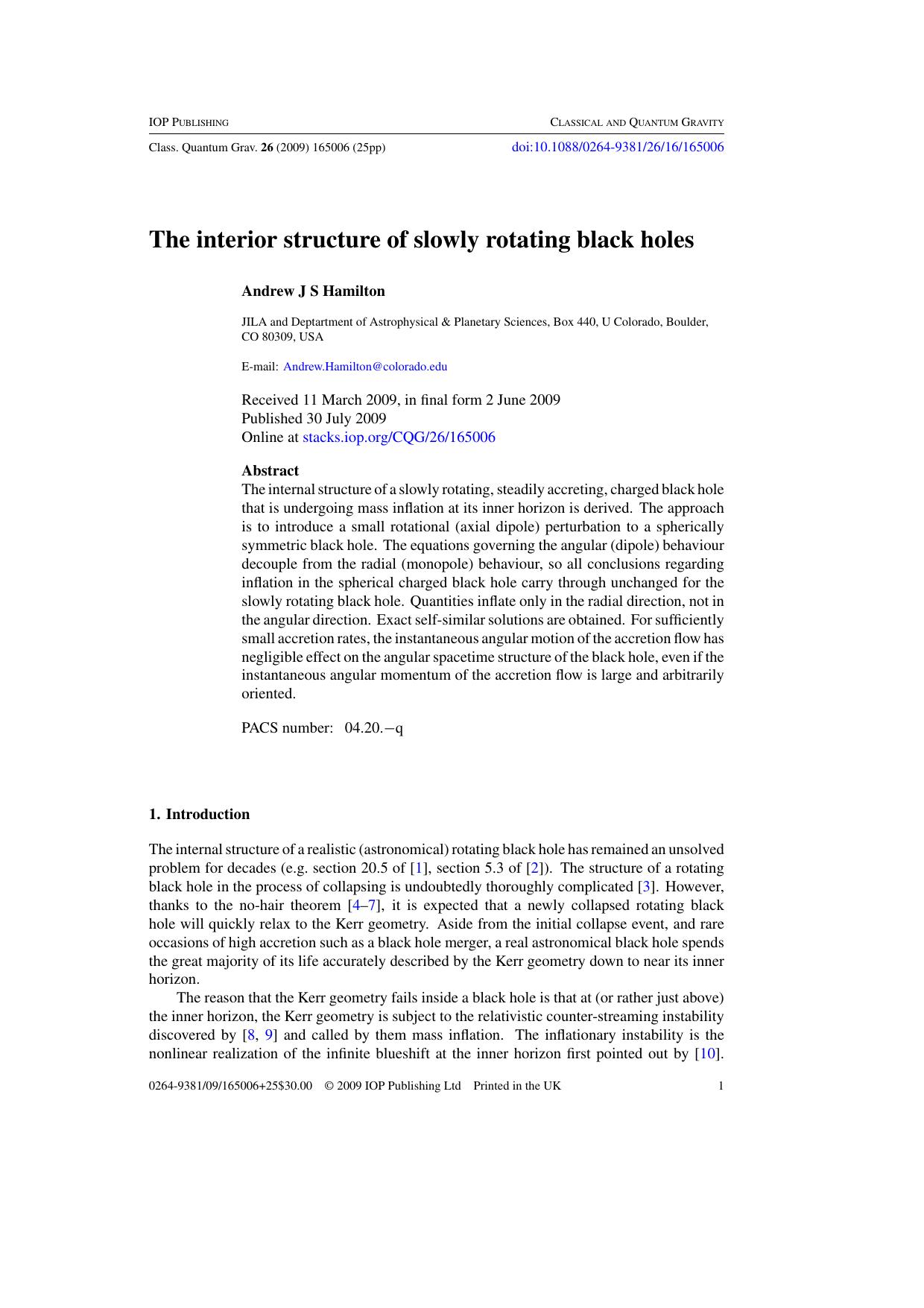 The interior structure of slowly rotating black holes by A J S Hamilton