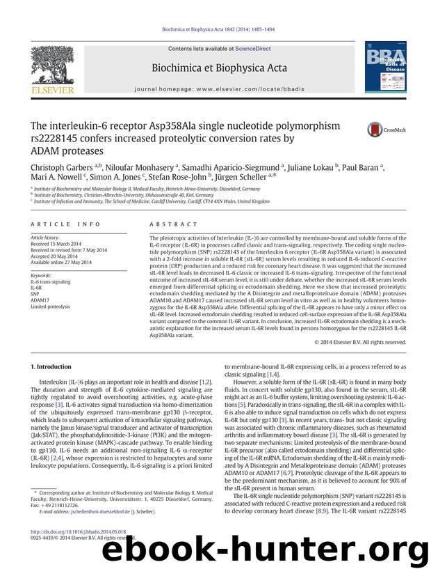 The interleukin-6 receptor Asp358Ala single nucleotide polymorphism rs2228145 confers increased proteolytic conversion rates by ADAM proteases by unknow