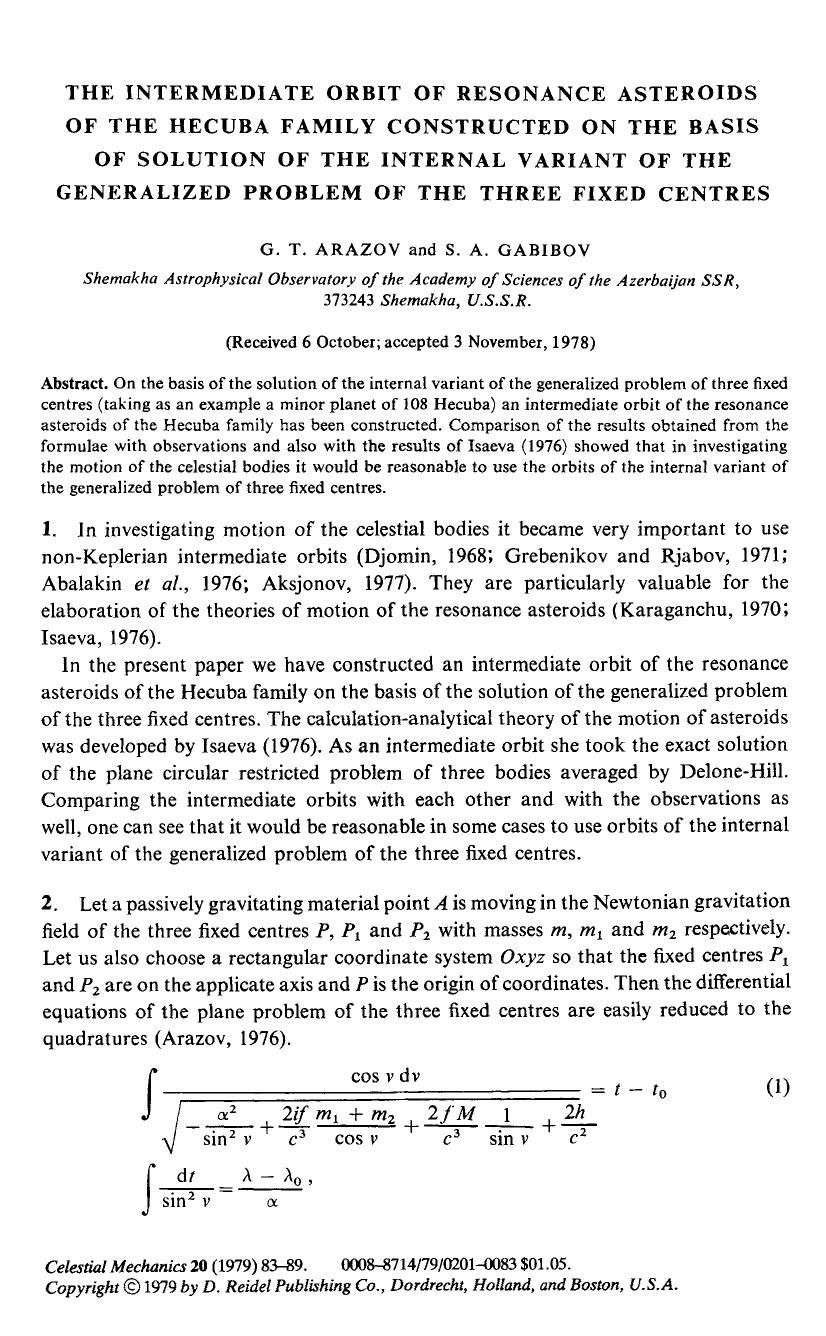 The intermediate orbit of resonance asteroids of the Hecuba family constructed on the basis of solution of the internal variant of the generalized problem of the three fixed centres by Unknown