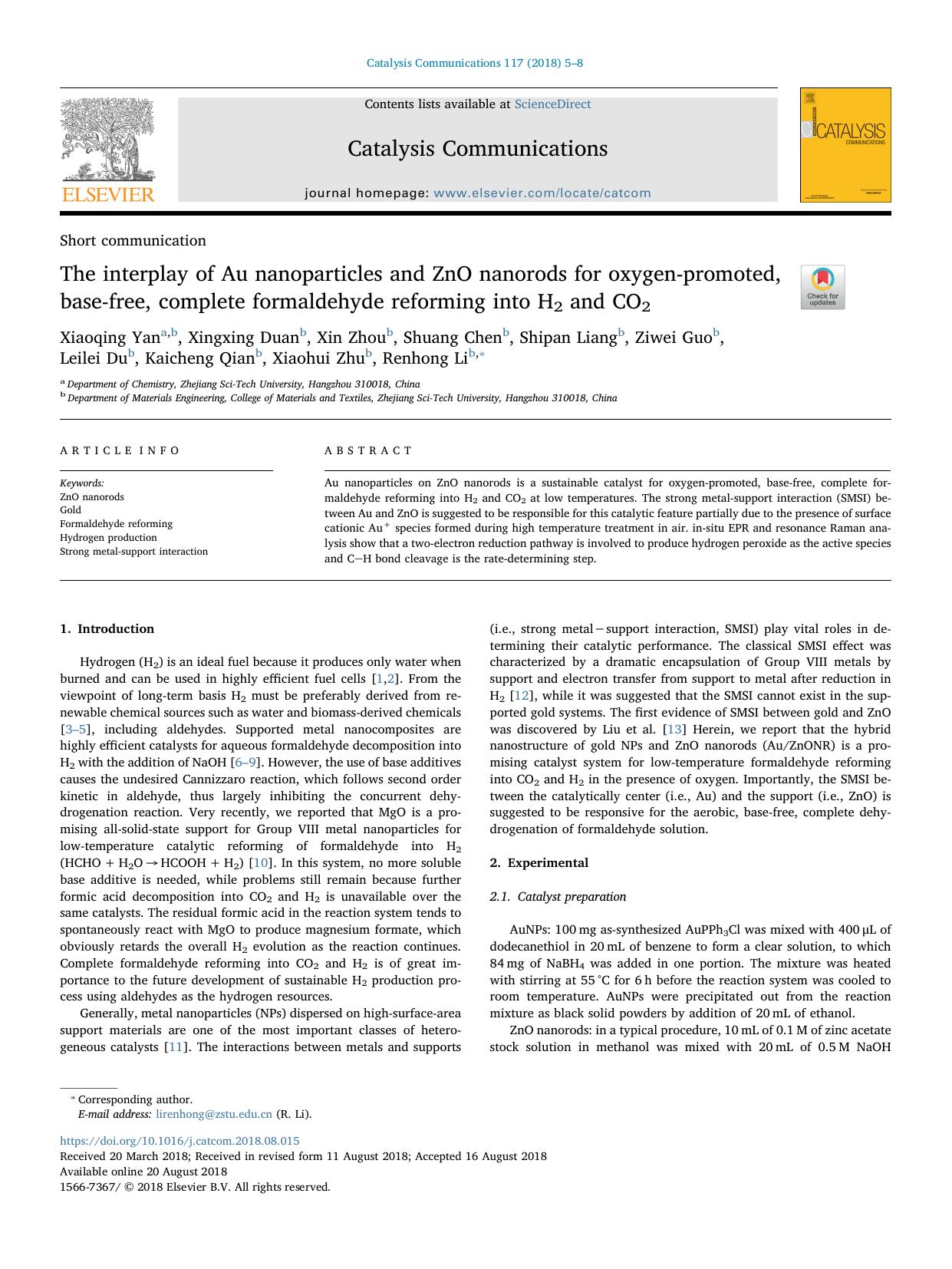 The interplay of Au nanoparticles and ZnO nanorods for oxygen-promoted, base-free, complete formaldehyde reforming into H2 and CO2 by unknow