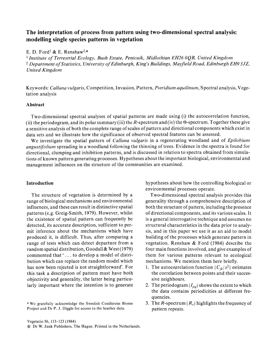 The interpretation of process from pattern using two-dimensional spectral analysis: modelling single species patterns in vegetation by Unknown