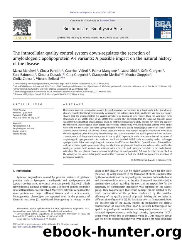 The intracellular quality control system down-regulates the secretion of amyloidogenic apolipoprotein A-I variants: A possible impact on the natural history of the disease by Marta Marchesi