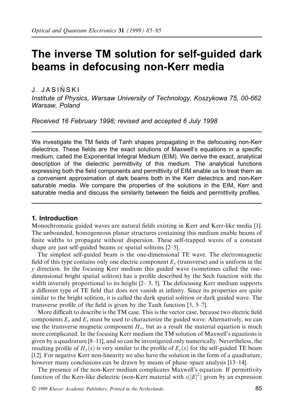 The inverse TM solution for self-guided dark beams in defocusing non-Kerr media by Unknown