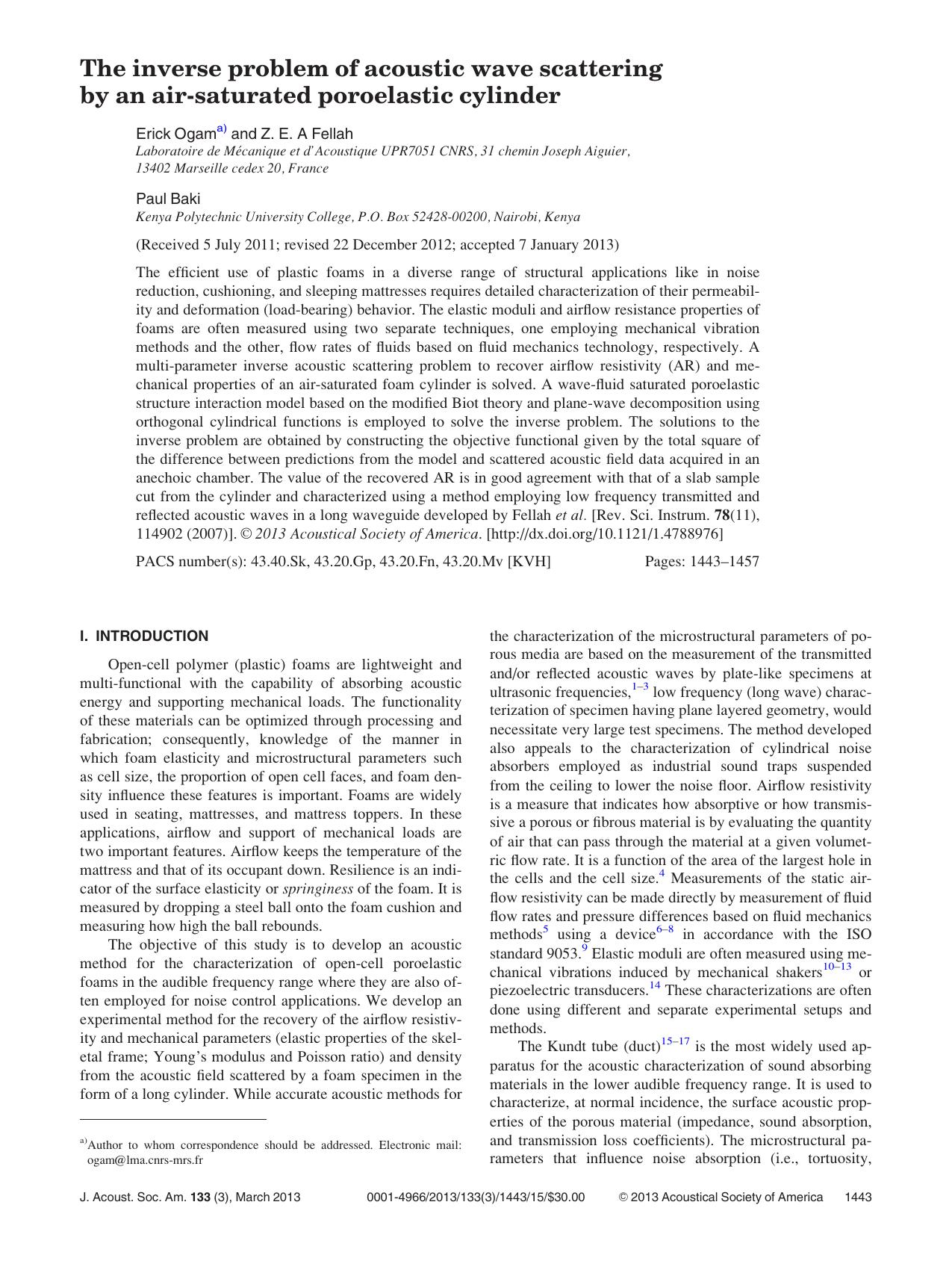 The inverse problem of acoustic wave scattering by an air-saturated poroelastic cylinder by Erick Ogama) Z. E. A Fellah and Paul Baki