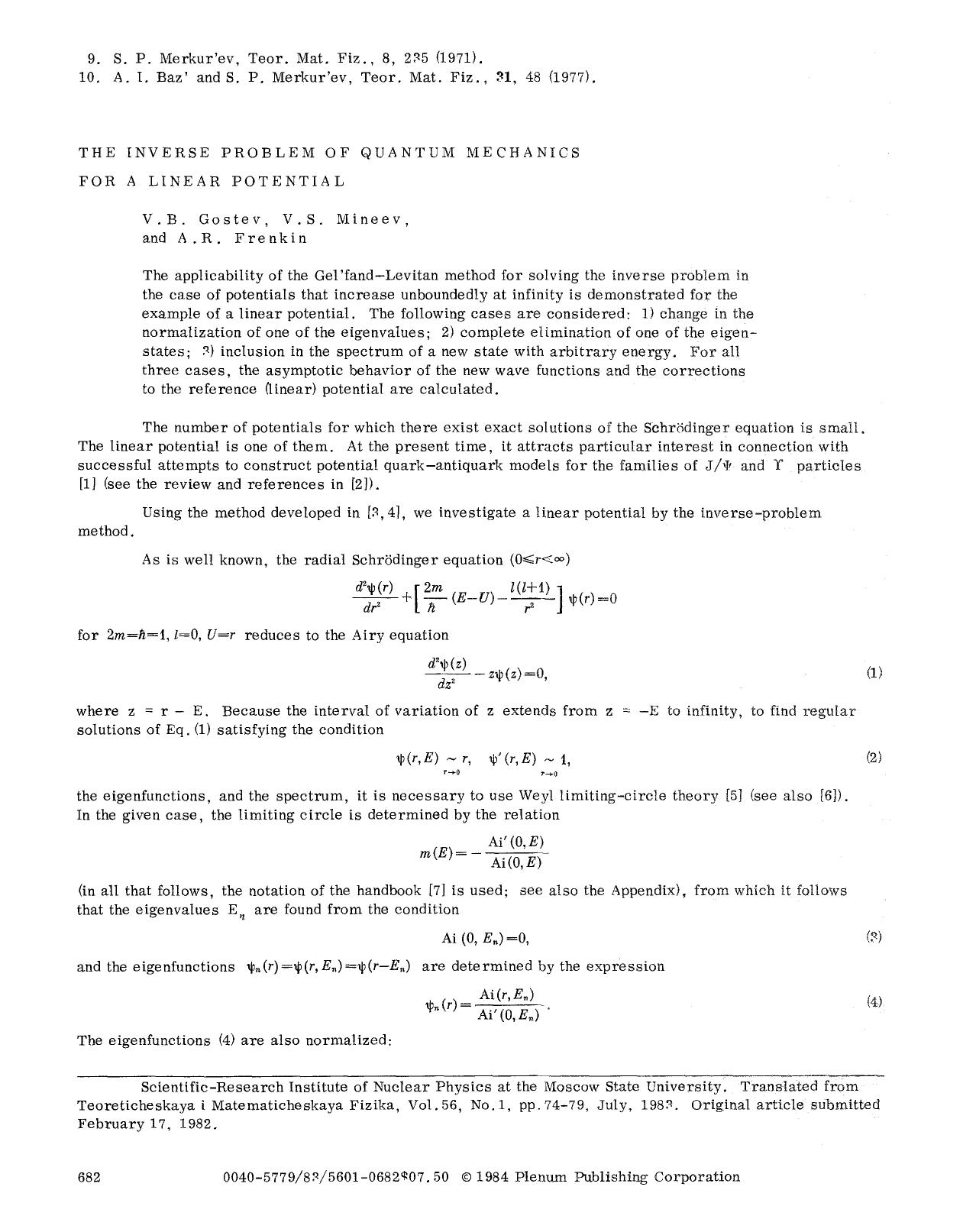 The inverse problem of quantum mechanics for a linear potential by Unknown