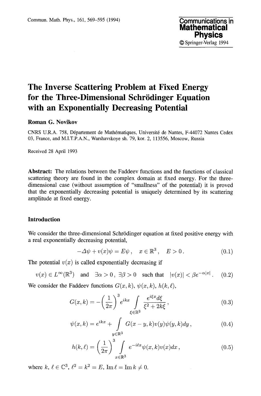 The inverse scattering problem at fixed energy for the three-dimensional Schrödinger equation with an exponentially decreasing potential by Unknown