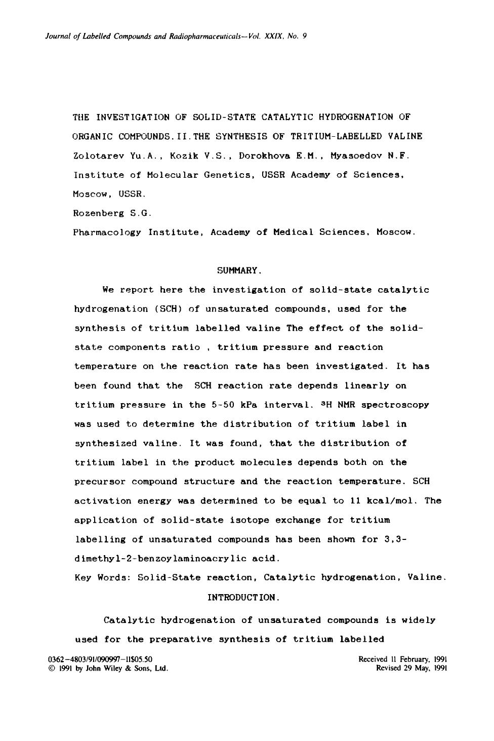 The investigation of solid-state catalytic hydrogenation of organic compounds. II. The synthesis of tritium-labelled valine by Unknown