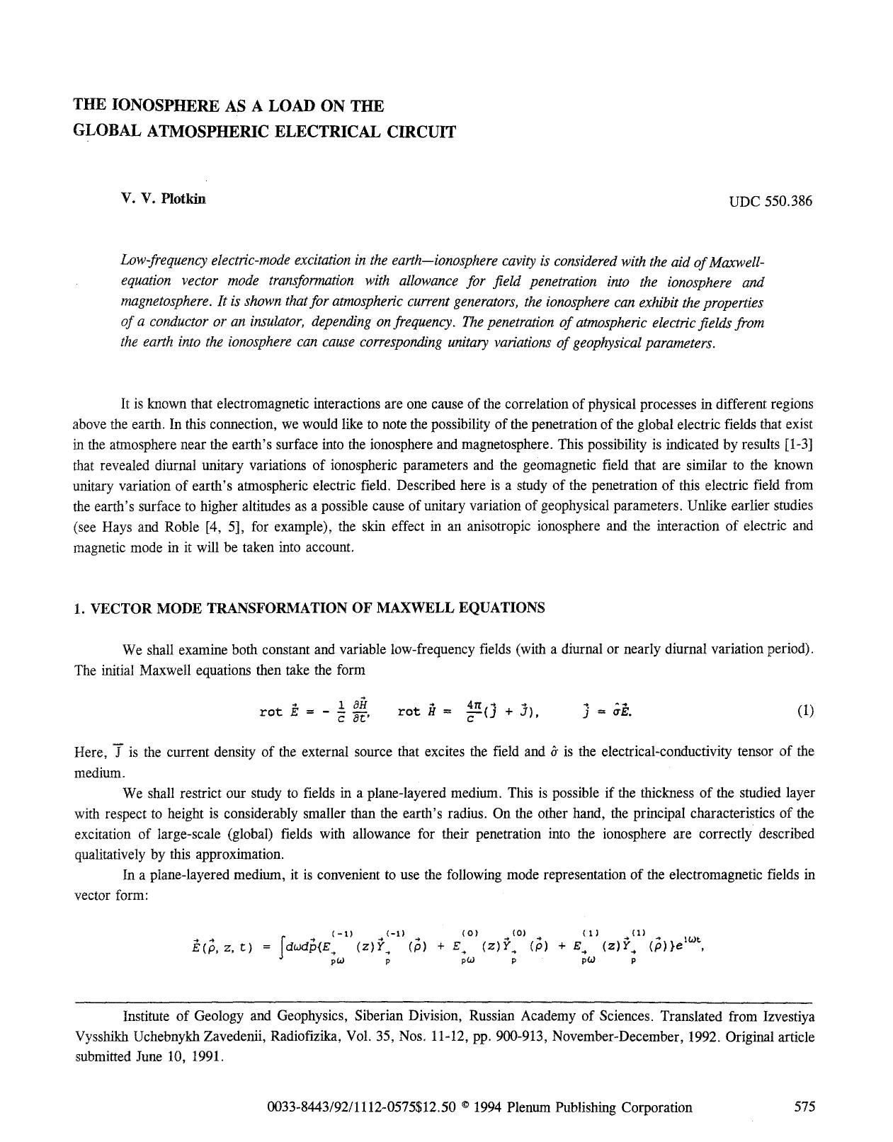 The ionosphere as a load on the global atmospheric electrical circuit by Unknown