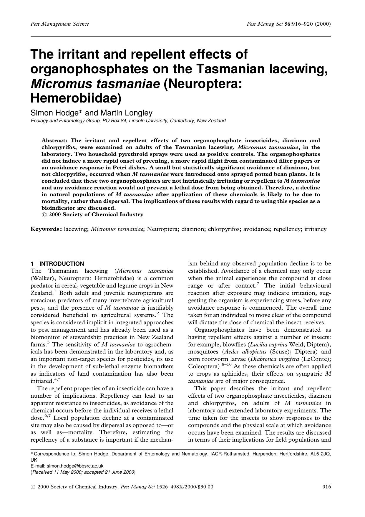 The irritant and repellent effects of organophosphates on the Tasmanian lacewing, Micromus tasmaniae (Neuroptera: Hemerobiidae) by Unknown
