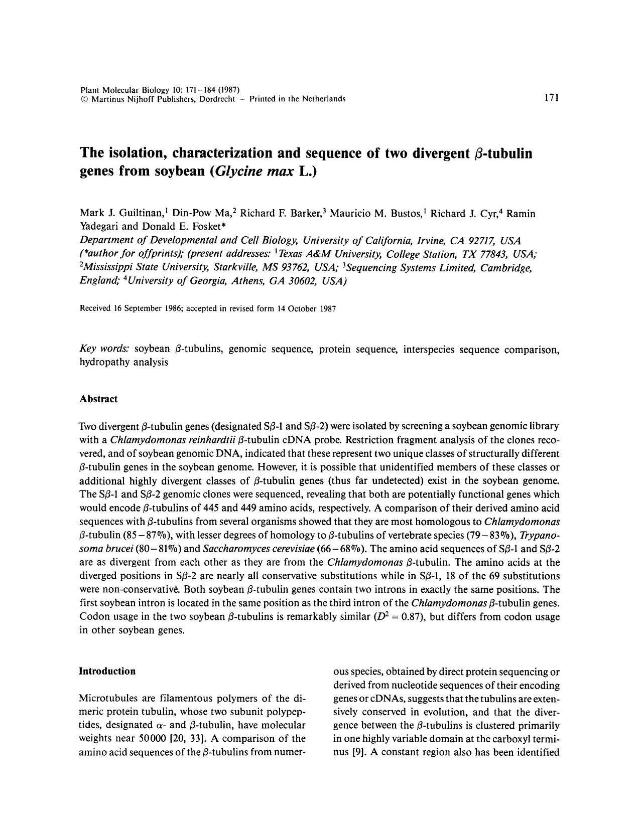 The isolation, characterization and sequence of two divergent &#x03B2;-tubulin genes from soybean (<Emphasis Type="Italic">Glycine max<Emphasis> L.) by Unknown