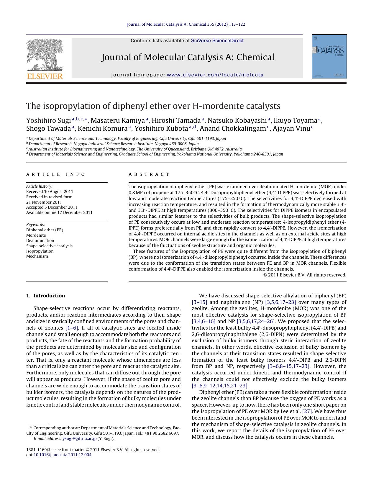 The isopropylation of diphenyl ether over H-mordenite catalysts by Yoshihiro Sugi
