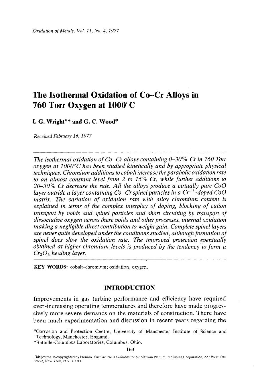 The isothermal oxidation of Co-Cr alloys in 760 Torr oxygen at 1000&#x00B0;C by Unknown