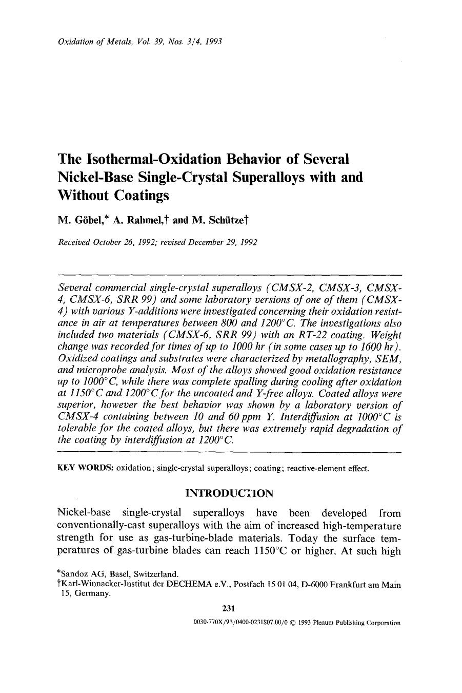 The isothermal-oxidation behavior of several nickel-base single-crystal superalloys with and without coatings by Unknown