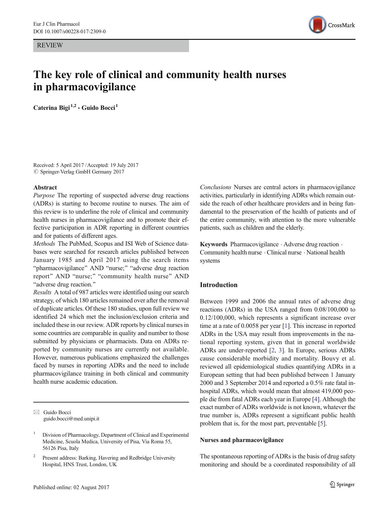The key role of clinical and community health nurses in pharmacovigilance by Caterina Bigi & Guido Bocci
