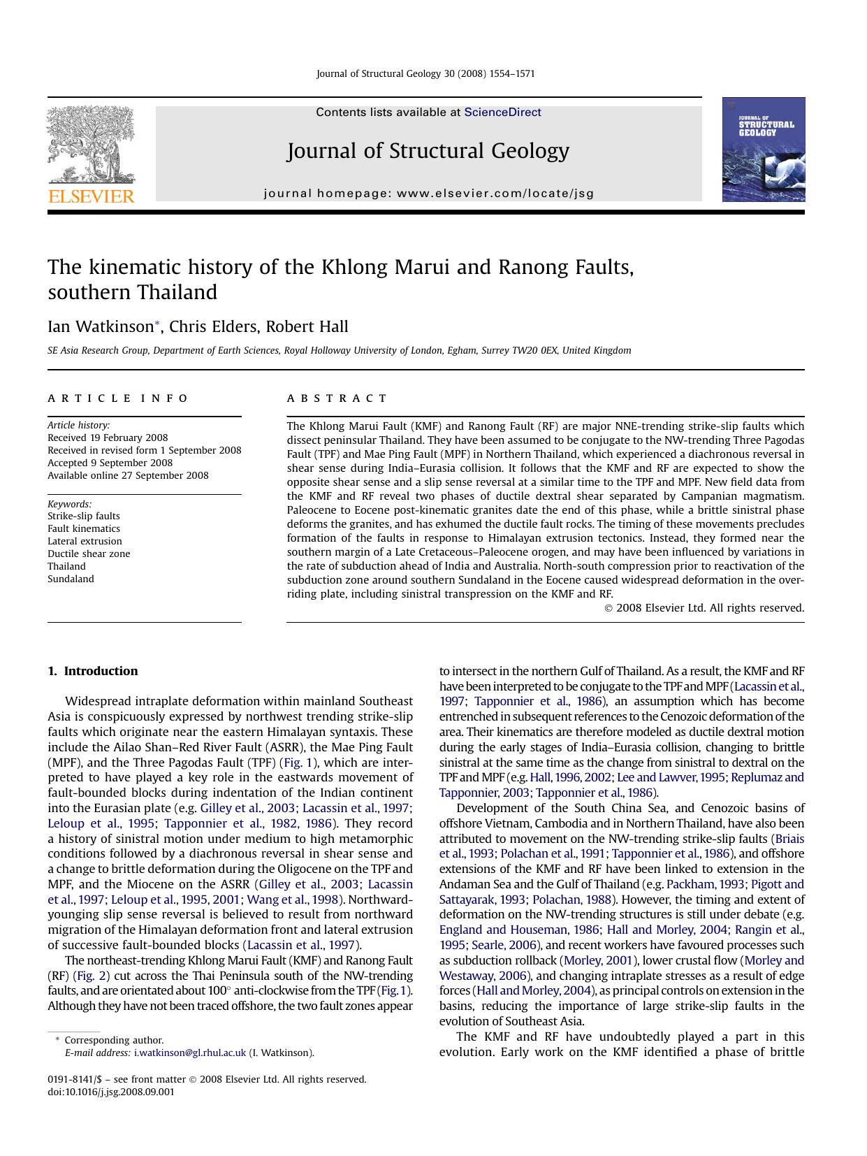 The kinematic history of the Khlong Marui and Ranong Faults, southern Thailand by Ian Watkinson; Chris Elders; Robert Hall