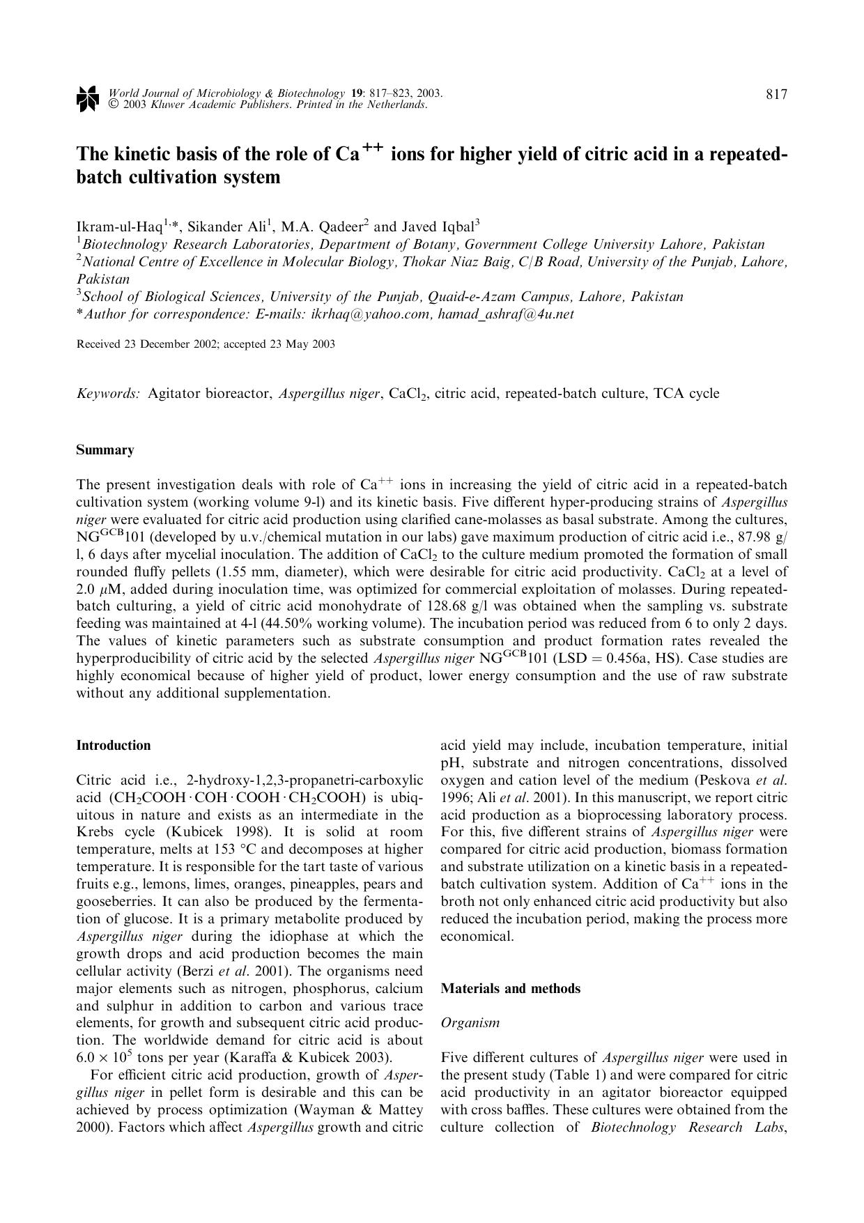 The kinetic basis of the role of Ca<Superscript>++<Superscript> ions for higher yield of citric acid in a repeated-batch cultivation system by Unknown