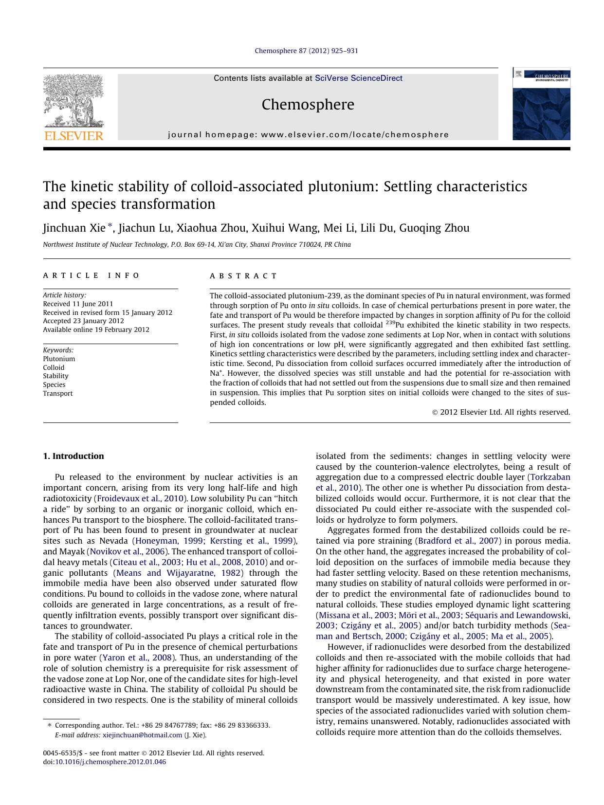 The kinetic stability of colloid-associated plutonium: Settling characteristics and species transformation by Jinchuan Xie & Jiachun Lu & Xiaohua Zhou & Xuihui Wang & Mei Li & Lili Du & Guoqing Zhou