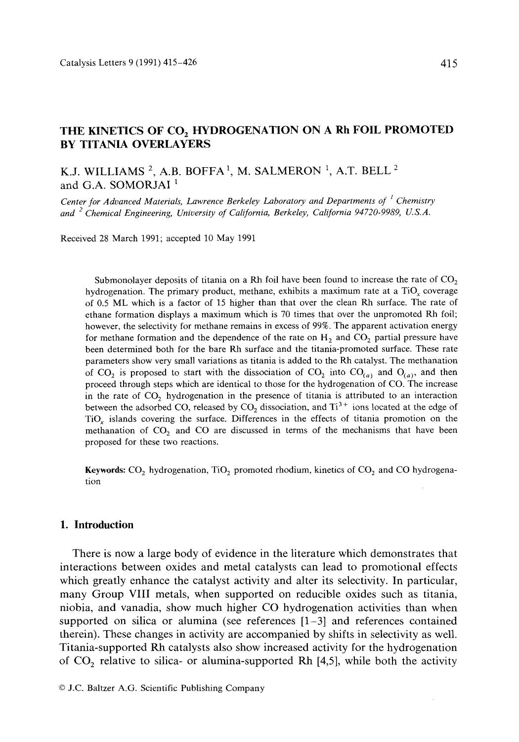 The kinetics of CO <Subscript>2 <Subscript> hydrogenation on a Rh foil promoted by titania overlayers by Unknown