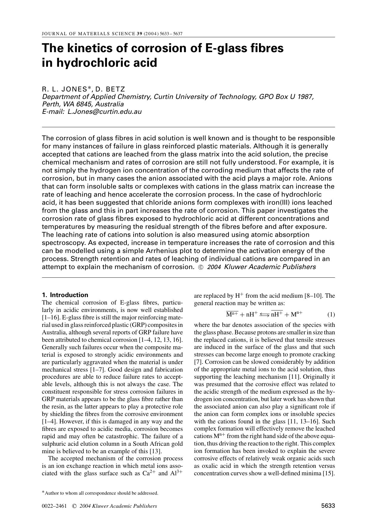 The kinetics of corrosion of E-glass fibres in hydrochloric acid by Unknown