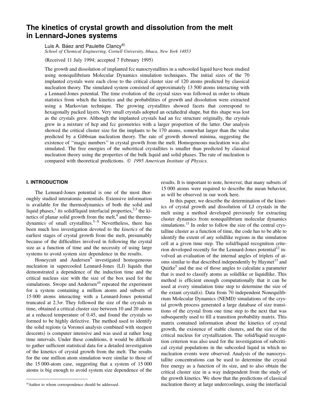 The kinetics of crystal growth and dissolution from by Luis A. Baez and Paulette Clancy