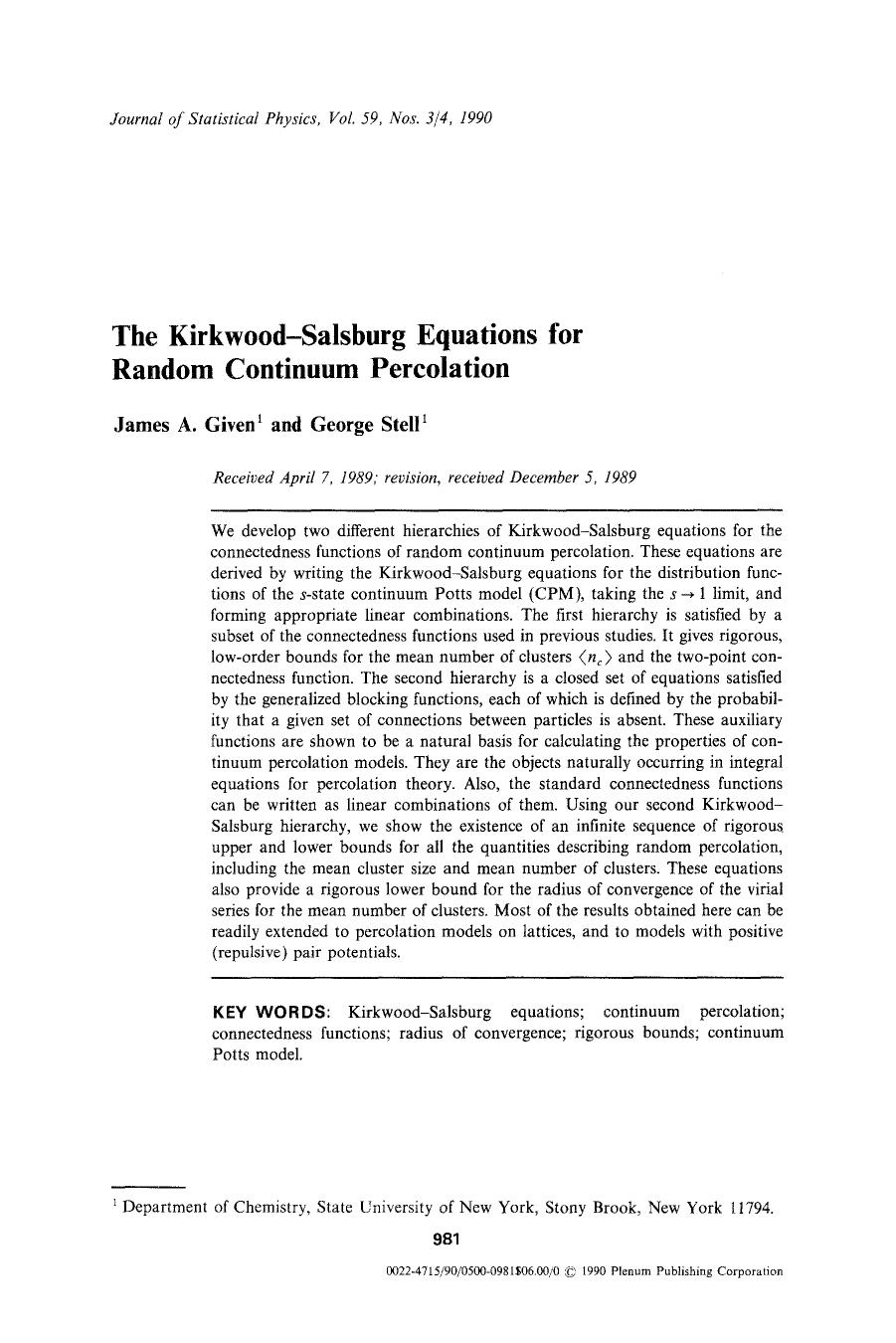 The kirkwood-salsburg equations for random continuum percolation by Unknown
