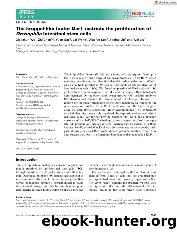 The krÃ¼ppelâlike factor Dar1 restricts the proliferation of Drosophila intestinal stem cells by Unknown