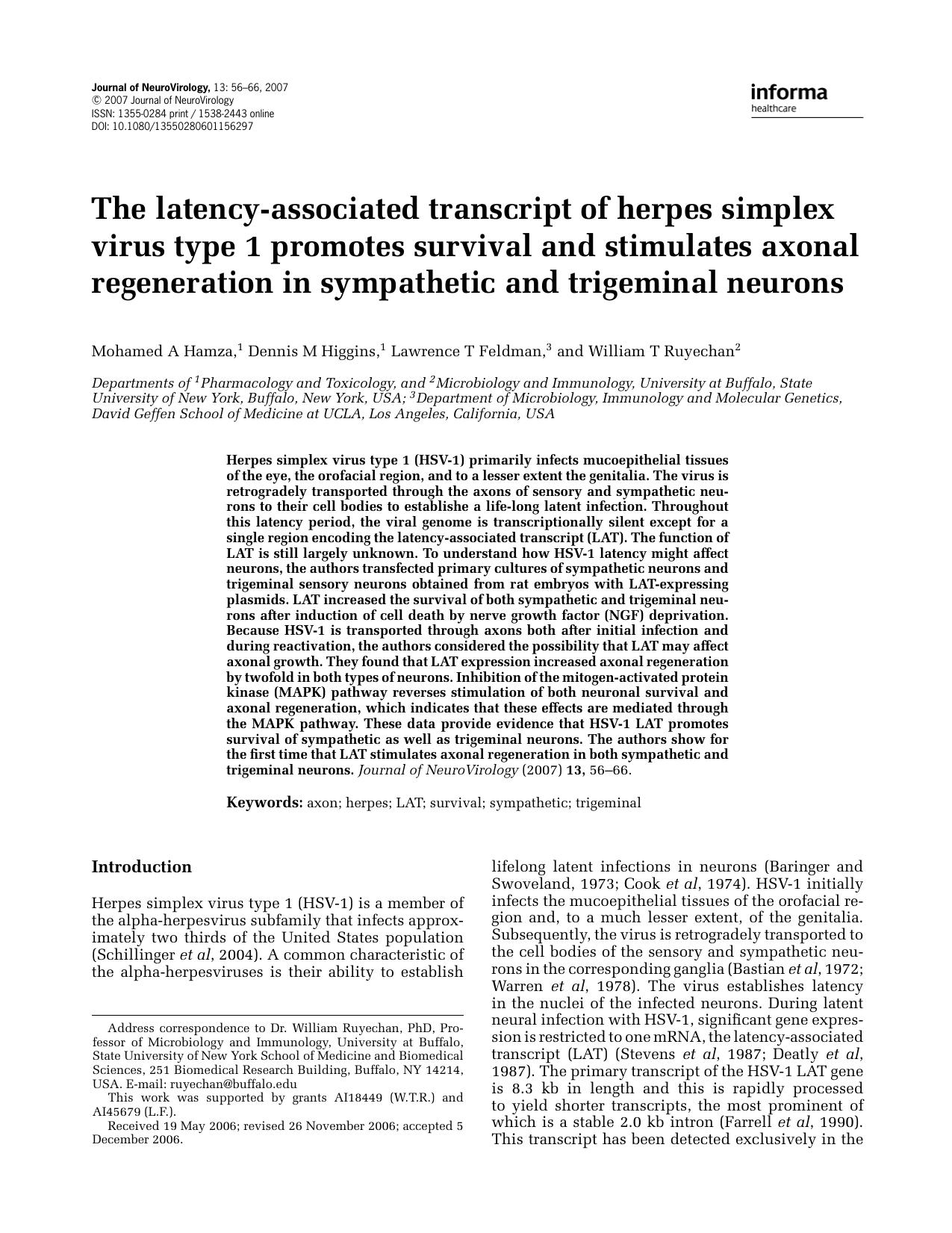 The latency-associated transcript of herpes simplex virus type 1 promotes survival and stimulates axonal regeneration in sympathetic and trigeminal neurons by Unknown