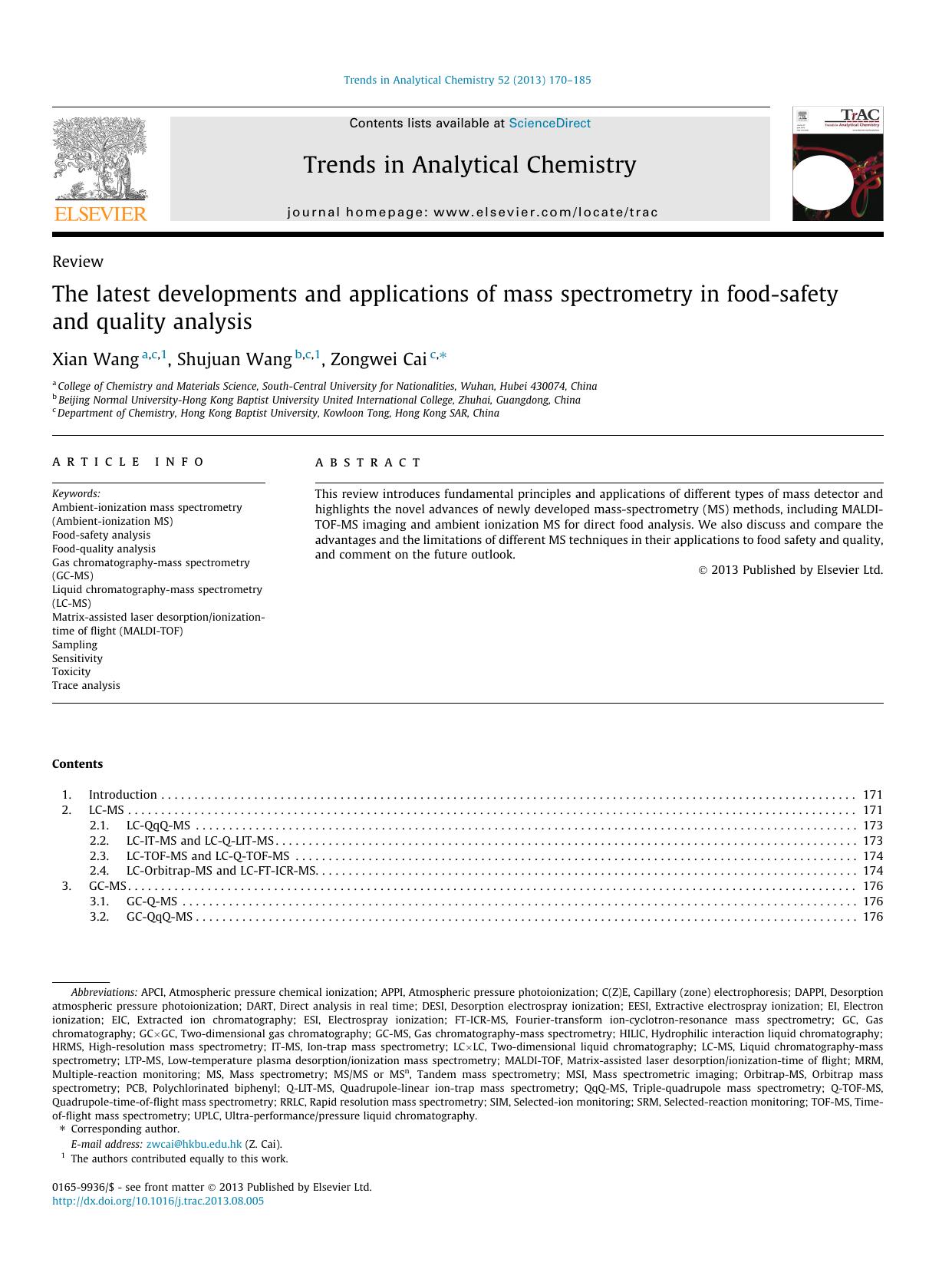 The latest developments and applications of mass spectrometry in food-safety and quality analysis by Xian Wang & Shujuan Wang & Zongwei Cai
