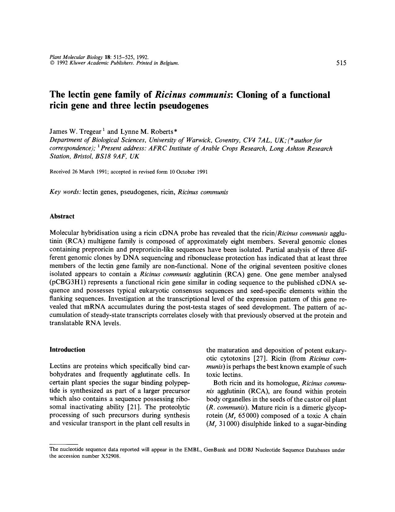 The lectin gene family of <Emphasis Type="Italic">Ricinus communis<Emphasis>: Cloning of a functional ricin gene and three lectin pseudogenes by Unknown