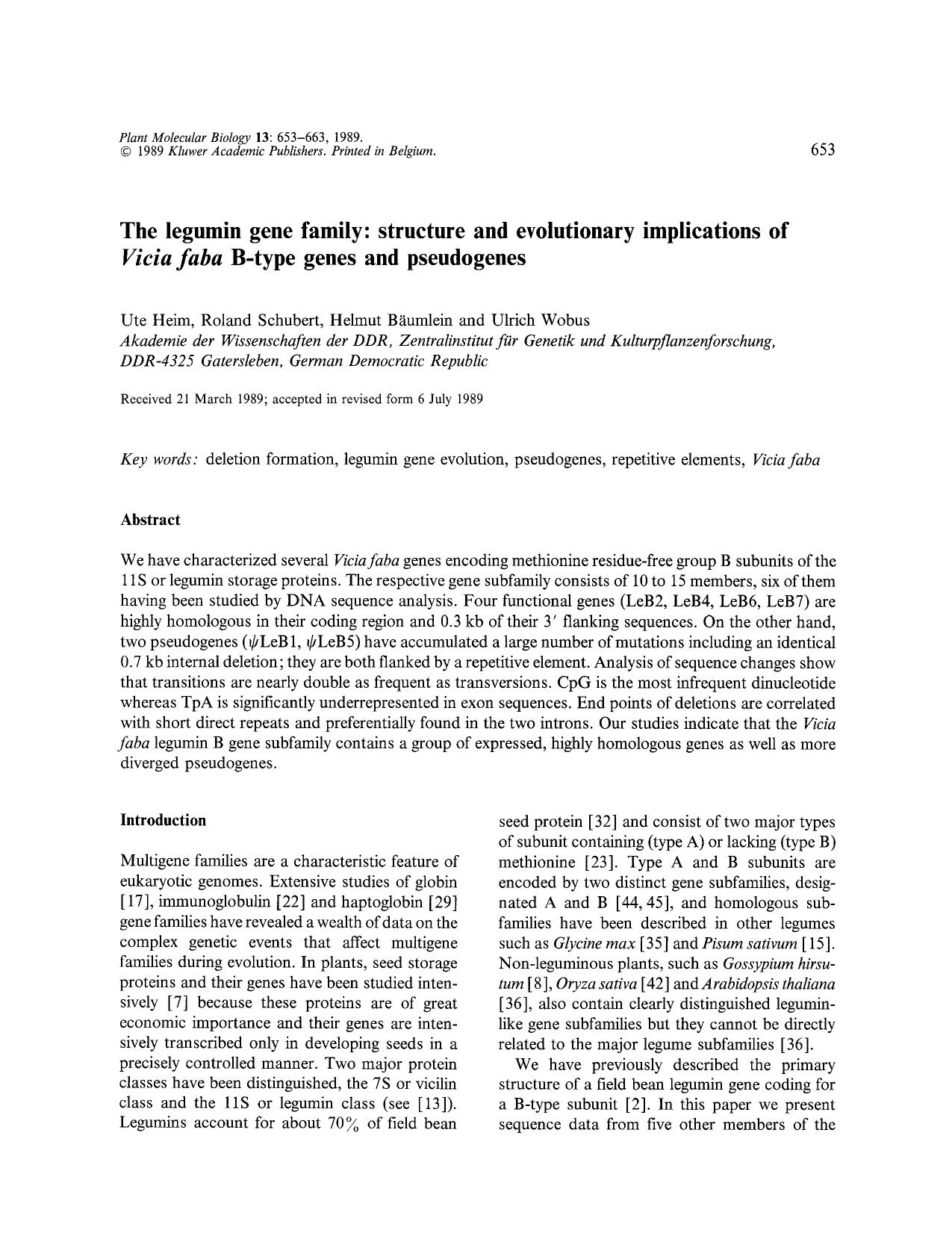The legumin gene family: structure and evolutionary implications of <Emphasis Type="Italic">Vicia faba <Emphasis> B-type genes and pseudogenes by Unknown