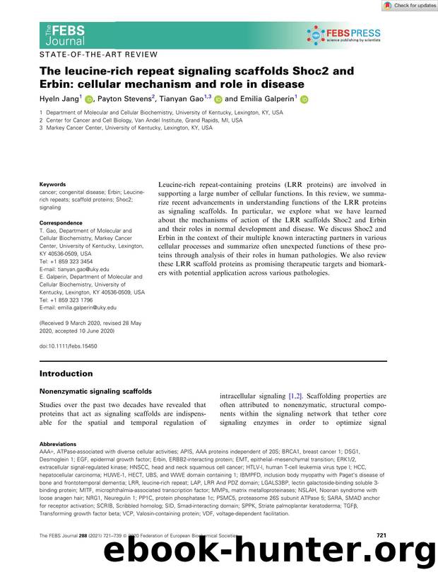 The leucineârich repeat signaling scaffolds Shoc2 and Erbin: cellular mechanism and role in disease by Unknown