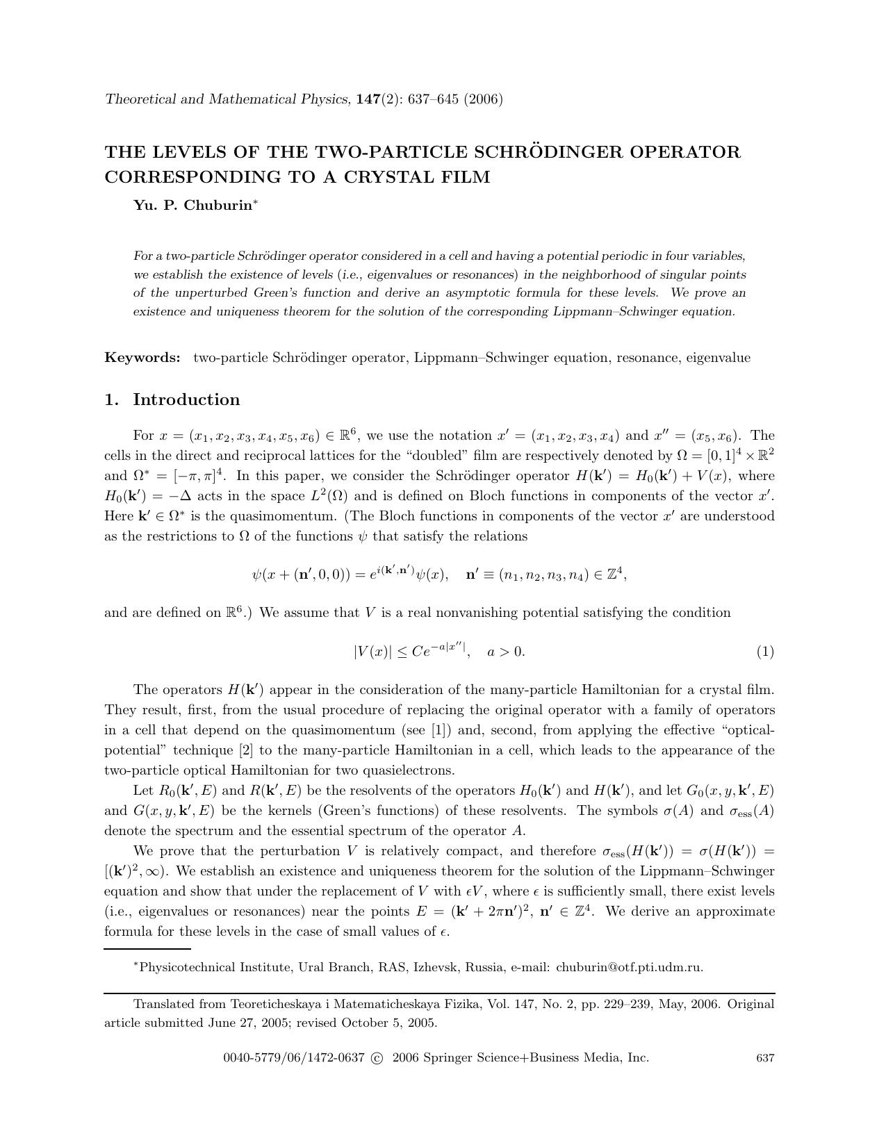 The levels of the two-particle Schrödinger operator corresponding to a crystal film by Unknown