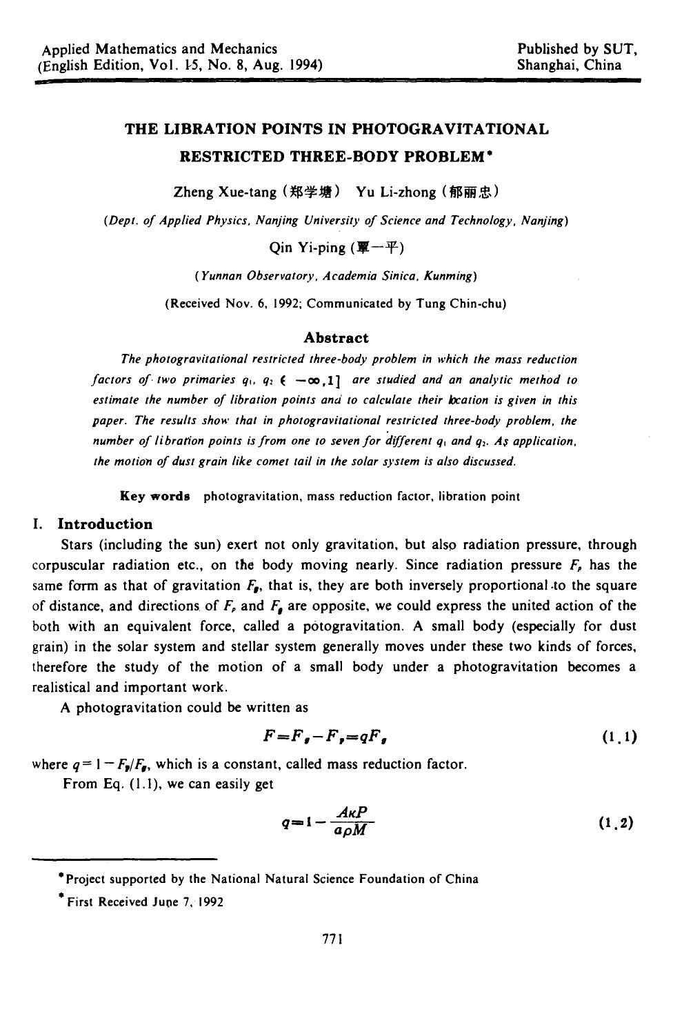 The libration points in photogravitational restricted three-body problem by Unknown