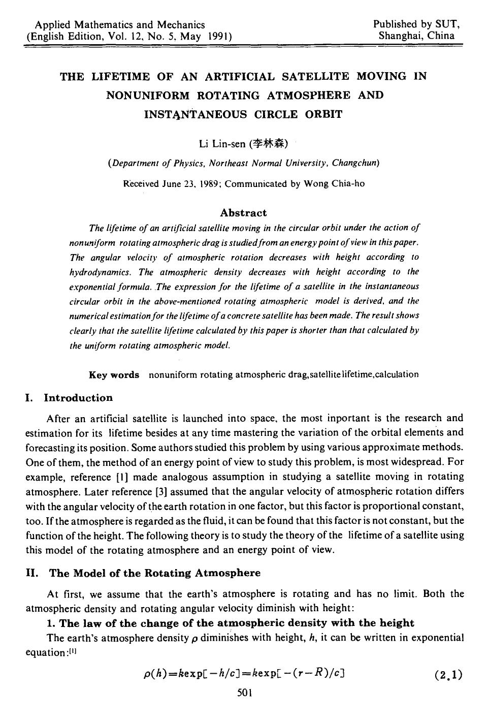 The lifetime of an artificial satellite moving in nonuniform rotating atmosphere and instantaneous circle orbit by Unknown
