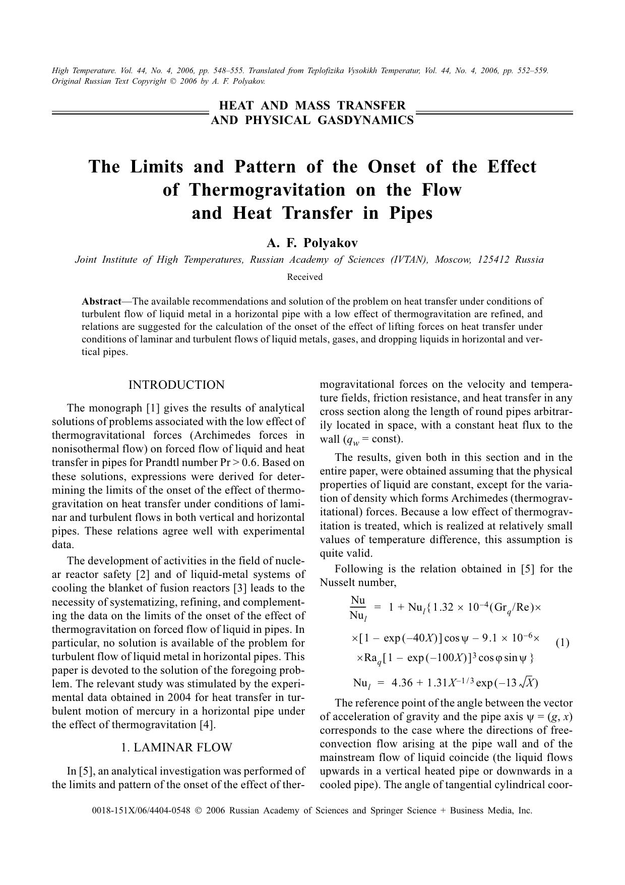 The limits and pattern of the onset of the effect of thermogravitation on the flow and heat transfer in pipes by Unknown