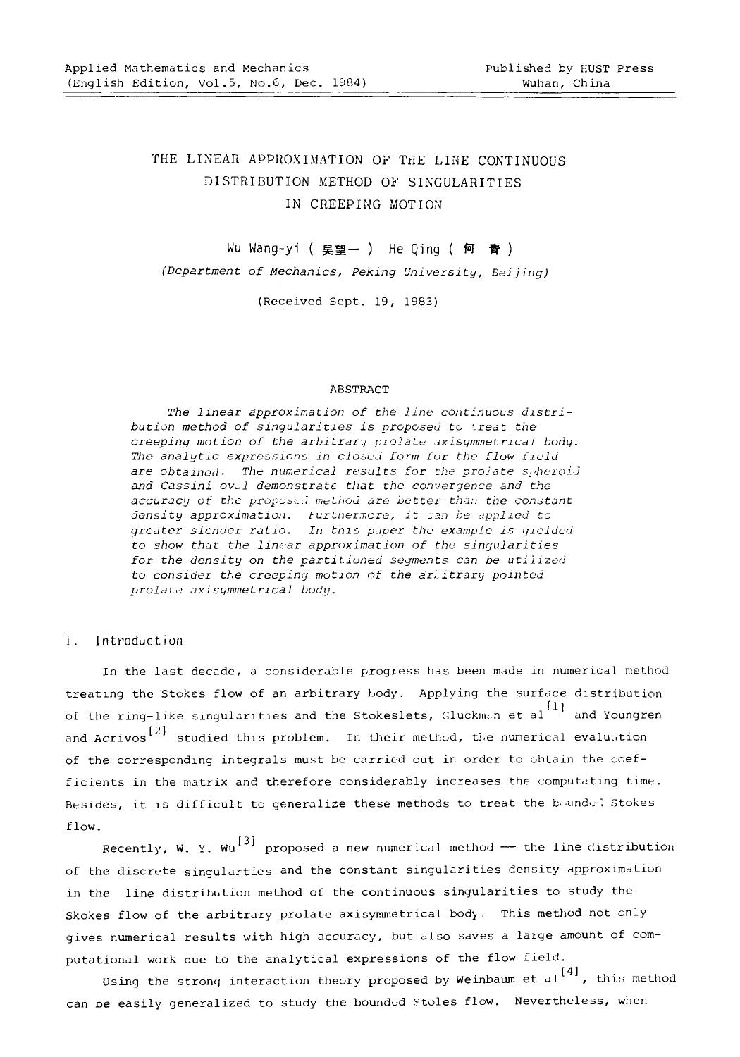 The linear approximation of the line continuous distribution method of singularities in creeping motion by Unknown