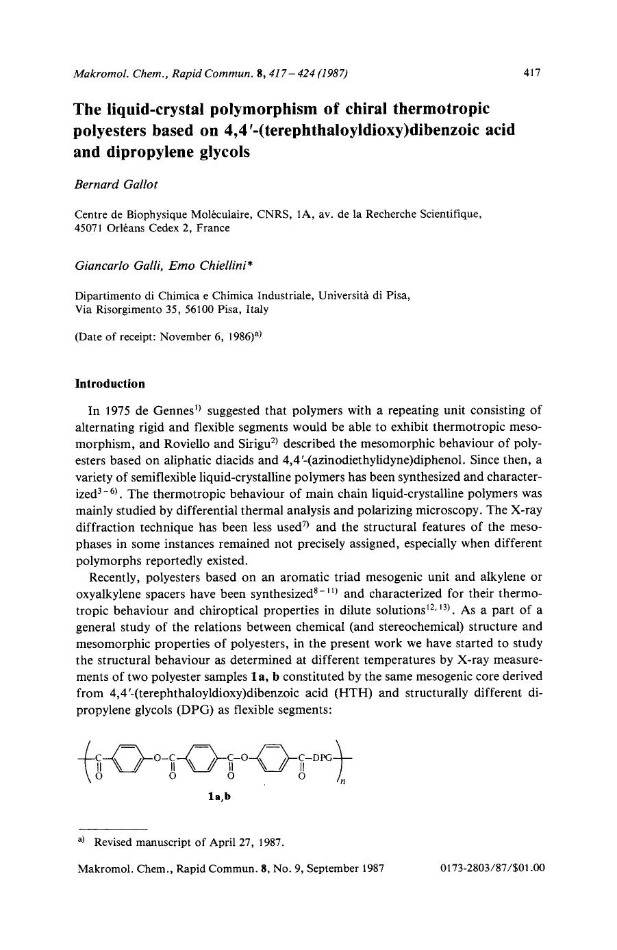The liquid-crystal polymorphism of chiral thermotropic polyesters based on 4,4[prime]-(terephthaloyldioxy)dibenzoic acid and dipropylene glycols by Unknown