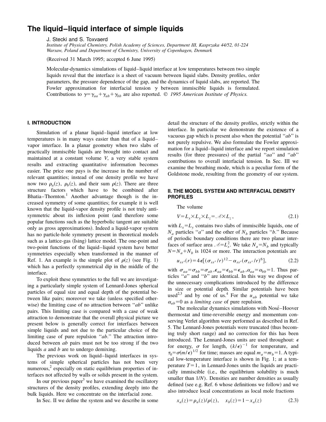 The liquid-liquid interface of simple liquids by J. Stecki and S. Toxvaerd