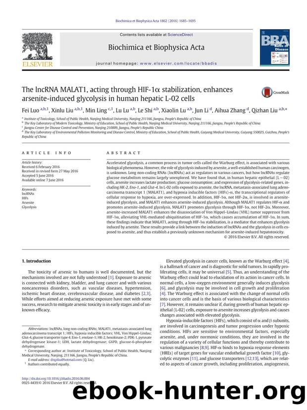 The lncRNA MALAT1, acting through HIF-1Î± stabilization, enhances arsenite-induced glycolysis in human hepatic L-02 cells by Fei Luo & Xinlu Liu & Min Ling & Lu Lu & Le Shi & Xiaolin Lu & Jun Li & Aihua Zhang & Qizhan Liu