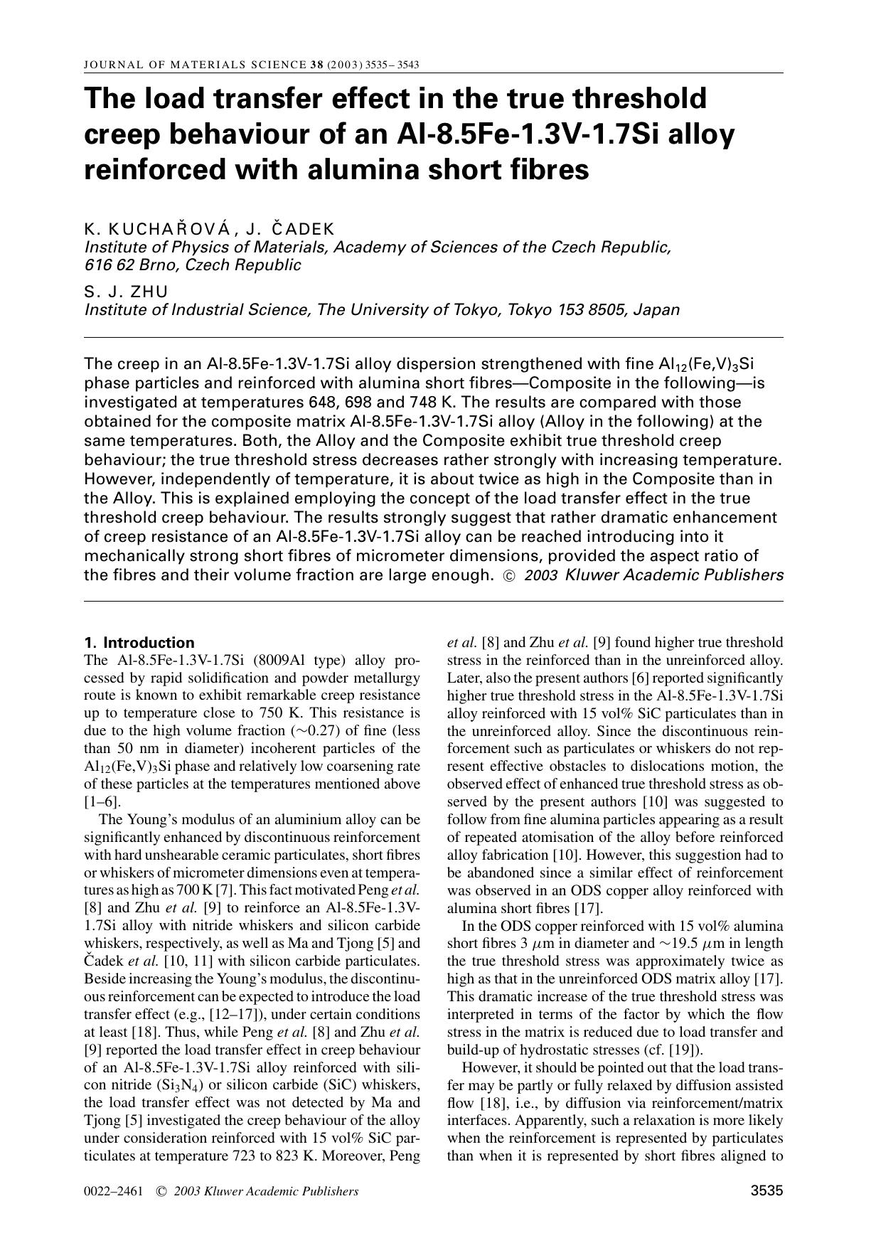The load transfer effect in the true threshold creep behaviour of an Al-8.5Fe-1.3V-1.7Si alloy reinforced with alumina short fibres by Unknown
