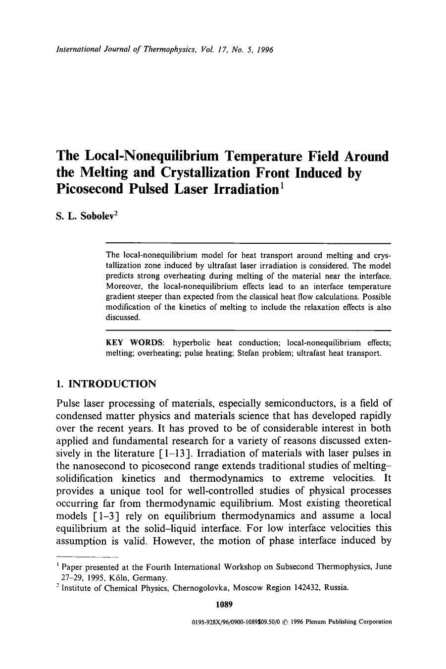 The local-nonequilibrium temperature field around the melting and crystallization front induced by picosecond pulsed laser irradiation by Unknown