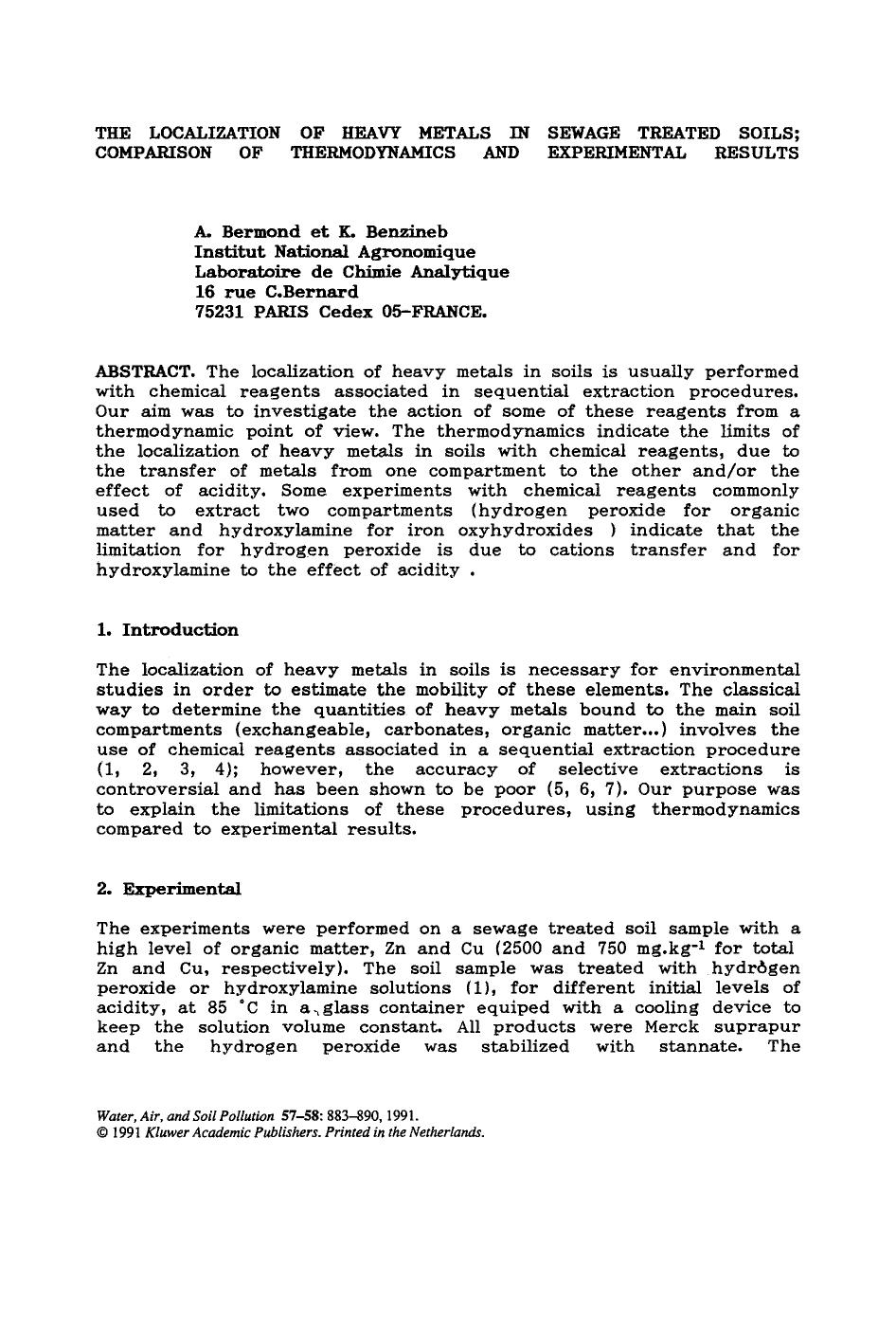 The localization of heavy metals in sewage treated soils; comparison of thermodynamics and experimental results by Unknown