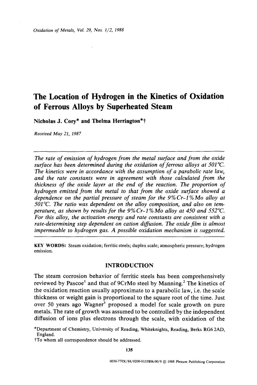 The location of hydrogen in the kinetics of oxidation of ferrous alloys by superheated steam by Unknown